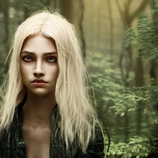 Image similar to very pretty blond dragon girl with scales in a dark forest, perfect symmetrical face, shallow depth of field, moody lighting, single point of light, 8 k, ultra realistic, octane render,