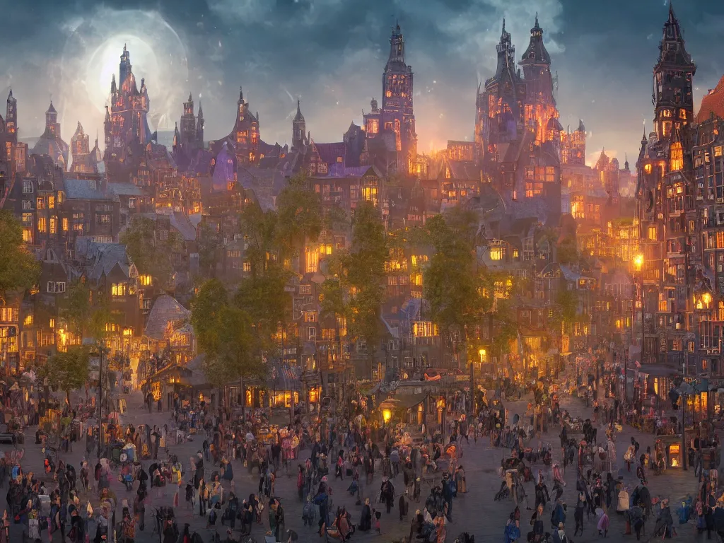 Image similar to A bustling magical town, witches and black cats are dancing around a colorful music festival, the large academy of magic and science can be seen towering in the distance, inspired by Victorian England and Amsterdam, highly detailed, digital painting, trending on artstation, matte painting, octane render, 8k, unreal engine