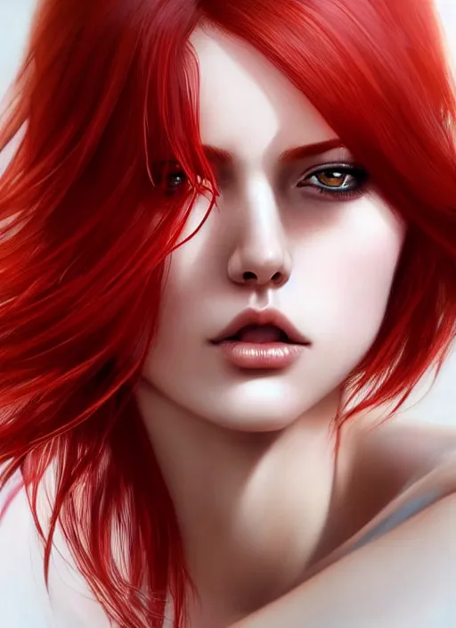 Image similar to photo of gorgeous woman with her right side hair dyed red and left side hair white in the style of stefan kostic, realistic, half body shot, sharp focus, 8 k high definition, insanely detailed, intricate, elegant, art by stanley lau and artgerm, foggy backgeound