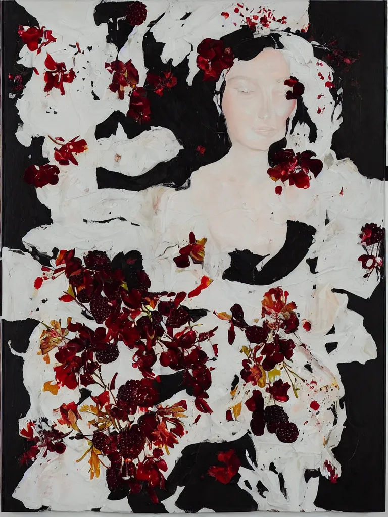 Image similar to “art in an Australian artist’s apartment, portrait of a woman wearing white cotton cloth, stained with fresh berries and maple syrup, white wax, edible flowers, Japanese pottery, ikebana, black walls, acrylic and spray paint and oilstick on canvas”