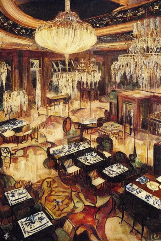 Prompt: 1920s cinematic aerial view of decorated surrealist dining hall, the moon casts long exaggerated shadows, crystalline light rays refract dust, impressionst oil painting on wood, big impressionist oil paint strokes, decadent interior dinning room with centered grand crystal chandelier, symmetric 1930s dimly lit art deco interior concept art by Ivan Aivazovsky, ukiyo-e print, japanese woodblock, aerial view