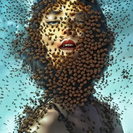 Image similar to The angry, agonizing face of a woman who is a swarm of bees made of bees surrounded by bees🐝🐝🐝 fantasy artwork, very very beautiful, trending on artstation