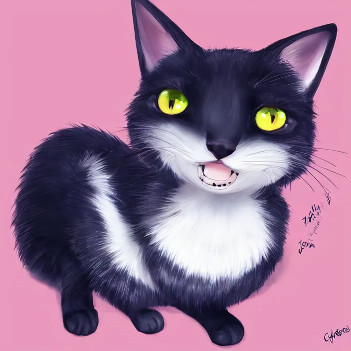 Prompt: cute cat of cheshire an adorable cat with black and blue stripes, shiny eyes and a big playful smile. award - winning digital art, trending on artstation