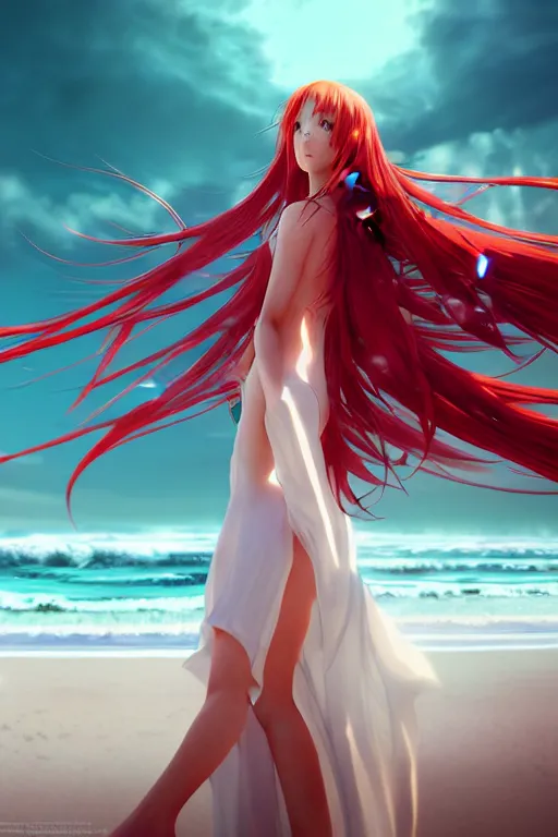 Prompt: Dark infrared octane render panoramic shot of a beautiful anime girl in a long white dress on a beach. Red hair, dramatic lighting, trending on artstation. Pixiv, Hyperdetailed, Ultra HD, WLOP, Rossdraws, James Jean Marc Simonetti, Ruan Jia and Mandy Jurgens and Artgerm and William-Adolphe Bouguerea, Sakimichan, Yuru camp, Illustration, digital art, concept art, manga cover