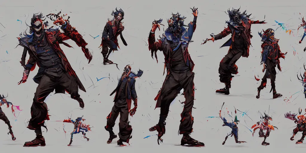 Image similar to cartoonish joker dancing in the night, vivid colors, character sheet, fine details, concept design, contrast, kim jung gi, greg rutkowski, enki bilal, trending on artstation, 8 k, full body, turnaround, front view, back view, ultra wide angle