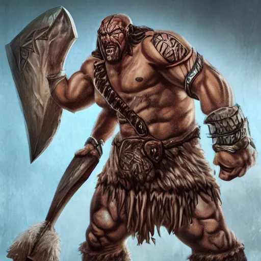 Prompt: goliath barbarian, with a two handed axe, tribal tattoos, very muscular, large fists, fantasy, d & d, intricate, detailed 4 k, trending on artstation, smooth, sharp focus