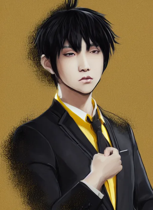 Prompt: a highly detailed illustration of young attractive black haired asian boy wearing black suit and tie with coattails, yellow eyes, dramatic elegant pose, strings background, intricate, elegant, highly detailed, centered, digital painting, artstation, concept art, smooth, sharp focus, league of legends concept art, wlop.