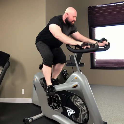 Image similar to ethan van sciver with a bald head and grey trimmed beard working out vigorously on his peloton exercise bike