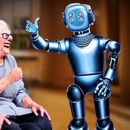 Prompt: grandmother as cyber robot laughing at jokes about country, hyper realistic, full details