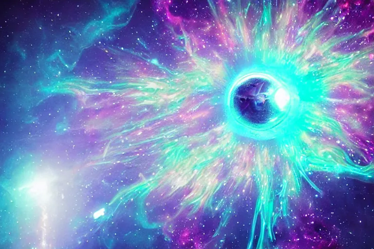 Image similar to a giant mystical cosmic bioluminescent space jellyfish jumping through a space nebula leaving stardust trails behind, digital art, photorealistic, highly detailed, intricate