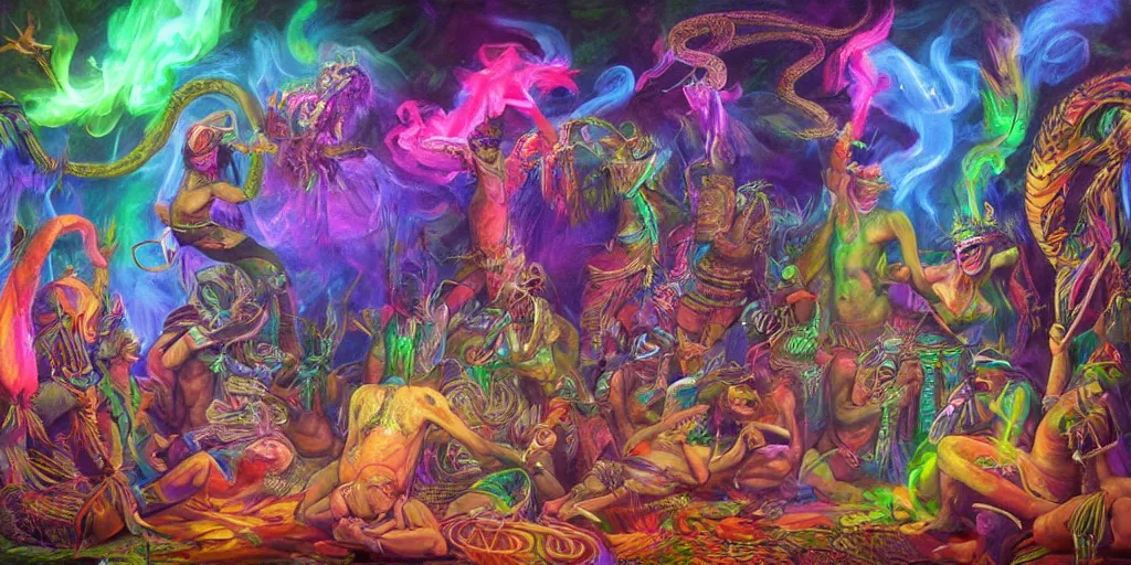 Prompt: mystical ritual on dark rainforest island, tribal shamans dance with iridescent glowing snake, brightly colored smoke in the air, oil on canvas, highly detailed, deep color scheme, organic shapes, art by artgerm