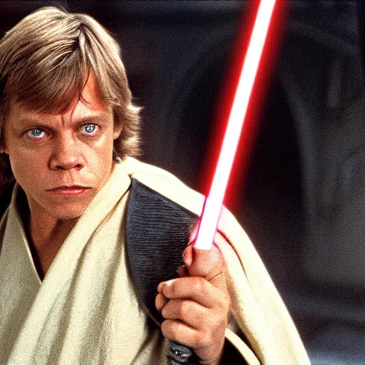 Prompt: A still of Mark Hamill as Luke Skywalker in Star Wars, 1990, Directed by Steven Spielberg, 35mm
