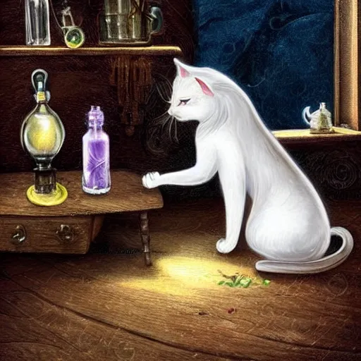 Image similar to a full body beautifull witch with white hair in an old room. A mistic cristal ball on a wood table with a potions and old instruments. A cat on the floor licking his paw. in a fantasy style paiting