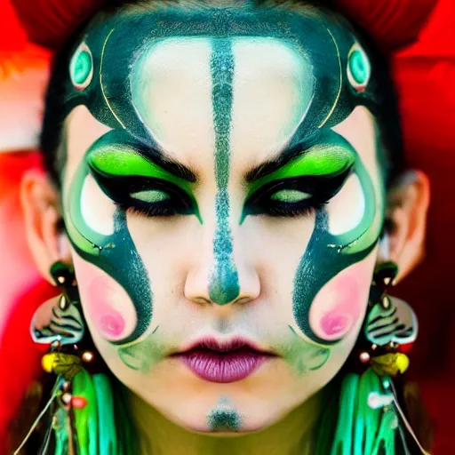 Image similar to minimalist photography portrait of an elaborately adorned female shaman warrior, face paint, symmetrical, super close up, mid thirties, cute round green slanted eyes, porcelain skin, wide nostrils, chubby cheeks, high flat eyebrows, ethereal essence, angelic, leica 1 0 0 mm f 0. 8