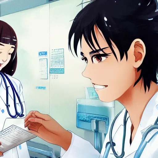 Image similar to a cute and beautiful young female doctor wearing white coat are talking with a handsome young man wearing white coat in a hospital ward, highly detailed, digital painting, slice of life anime, illustration, anime scenery by Makoto shinkai