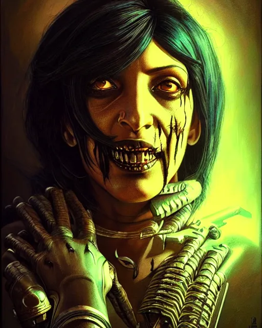 Image similar to pharah from overwatch, monster, character portrait, portrait, close up, concept art, intricate details, highly detailed, horror poster, horror, vintage horror art, realistic, terrifying, in the style of michael whelan, beksinski, and gustave dore