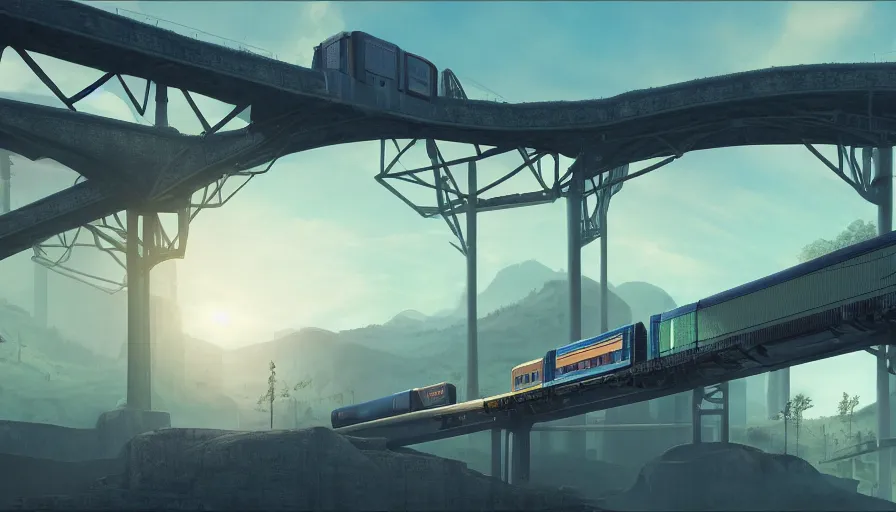 Prompt: futuristic cargo train driving over aqueduct, green hills, matte painting, artstation, sunrise, blue sky, solarpunk