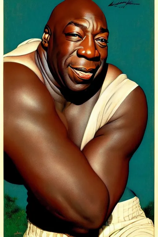 Image similar to michael clarke duncan by gil elvgren and norman rockwell and rob gonsalves and hajime sorayama, hyperrealistic, high detail, ultra detailed, highly detailed face, ruffled fabric