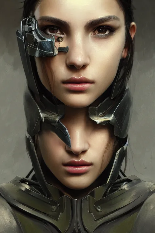 Prompt: a photorealistic painting of an attractive young girl, partially clothed in stealth-like battle armor, olive skin, long dark hair, beautiful bone structure, symmetrical face, perfect eyes, intricate, elegant, digital painting, concept art, illustration, sharp focus, minimal artifacts, from Metal Gear, in the style of Ruan Jia and Mandy Jurgens and Greg Rutkowski, trending on Artstation, award winning