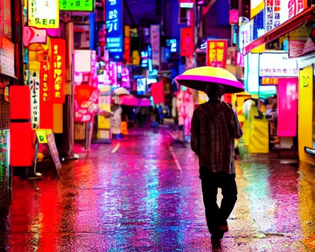 Prompt: some chad bro drunk lost and wandering the colorful neon streets of japan in the rain after a long night at the robot restaurant