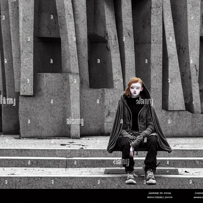 Image similar to sadie sink in hoodie sat on bench in ruined square, pedestrians walk by. background of old soviet monument and pedestrians. storyboard, scifi cyberpunk. by gabriel hardman, joe alves, chris bonura. cinematic atmosphere, detailed and intricate, perfect anatomy