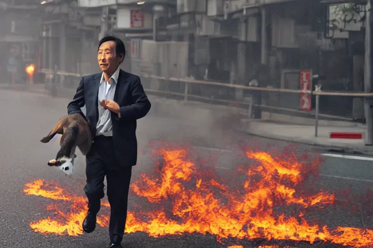 Image similar to cinematography closeup portrait of a Japanese business man carrying his dog running from an explosion in Tokyo by Emmanuel Lubezki