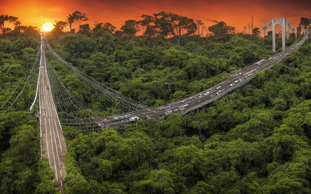 Image similar to dystopian photo of the verrazano bridge destroyed and overgrown with jungle ruins and vines at sunset, scenic cinematic landscape dystopian, photoreal