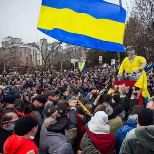 Image similar to a crowd of people with ukrainian flags throw down a bust of volodymyr lenin