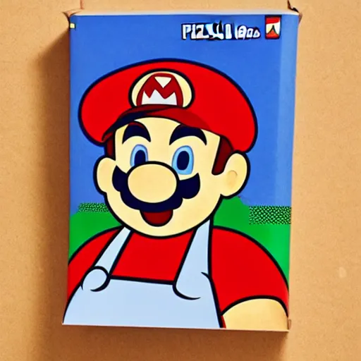 Prompt: pizzeria pizza box featuring super mario and luigi