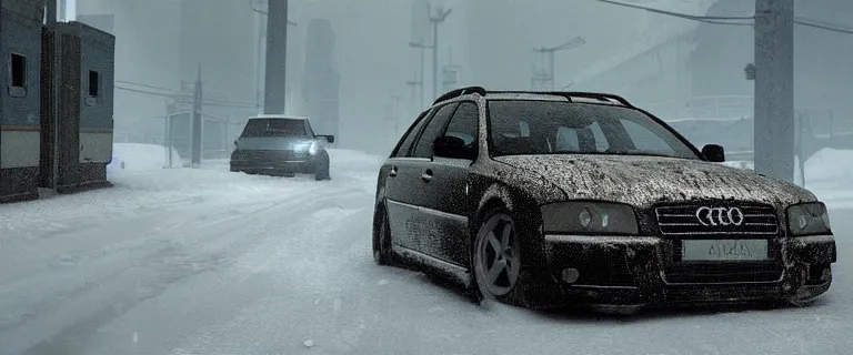 Image similar to Audi A4 B6 Avant (2002), a gritty neo-noir, dramatic lighting, cinematic, eerie person, death, homicide, homicide in the snow, viscera splattered, gunshots, bullet holes, establishing shot, extremely high detail, cracked windows, photorealistic, arson, cinematic lighting, artstation, by simon stalenhag, Max Payne (PC) (2001) winter New York at night, In the style of Max Payne 1 graphic novel, flashing lights, Poets of the Fall - Late Goodbye