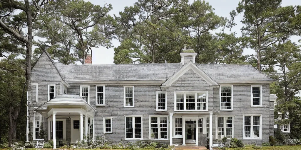 Image similar to grey brick wooden cape cod with pine trees and tile white black mansion by mcalpine house, by jackson & leroy architects