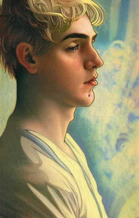 Prompt: young man with short blond hair, looking downwards, magical swirls, magical light, magical atmosphere, depression, alphonse mucha style, painterly, highly detailed, 8 k