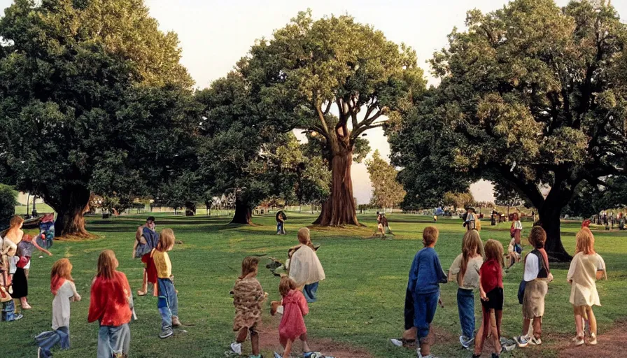 Prompt: 1990s candid photo of a beautiful day at the park, cinematic lighting, cinematic look, golden hour, large personified costumed tree people in the background, Enormous tree people mascots with friendly faces, kids talking to tree people, UHD
