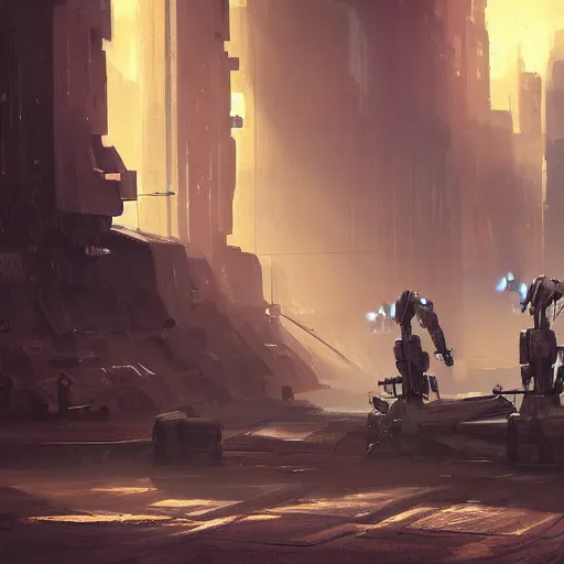 Image similar to a digital painting of bounty hunter robots, matte painting, hyper realistic, very detailed, dramatic scene, realistic lighting, dark fantasy, 4 k, in the style of greg rutkowski,