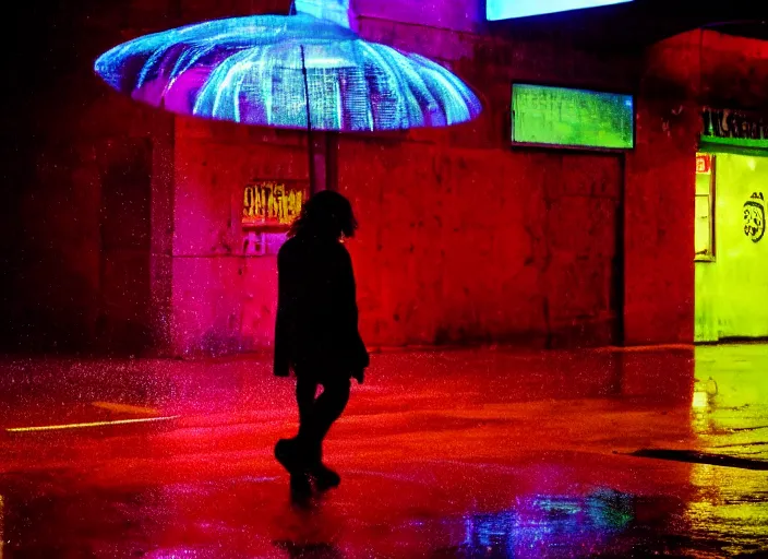 Prompt: a silhouetted person with long, flowing hair runs through an empty neon - lit brutalist city in the rain, colored gel lighting, reflective surfaces, midnight, portra, film grain, high contrast, hyperdetailed, chromatic aberration, reminiscent of the umbrellas of cherbourg, dynamic pose