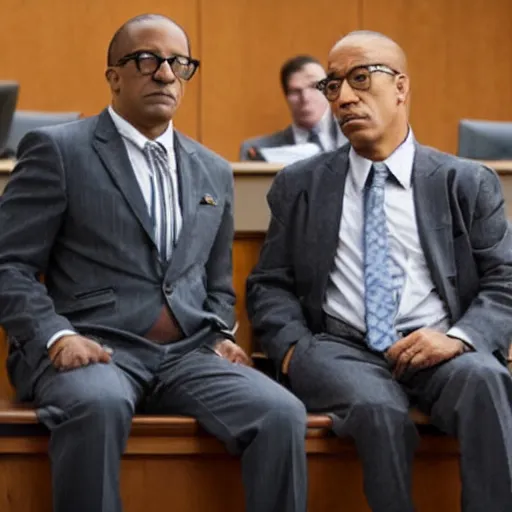 Image similar to saul goodman and gus fring sitting in a courtroom