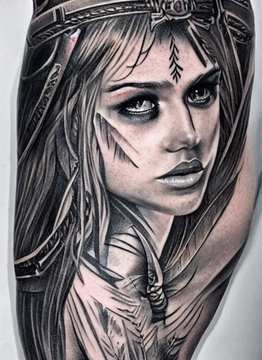 Image similar to tattoo design of a hyper - realistic beautiful girl warrior, hyper detailed, in the design of eliot kohek, white background