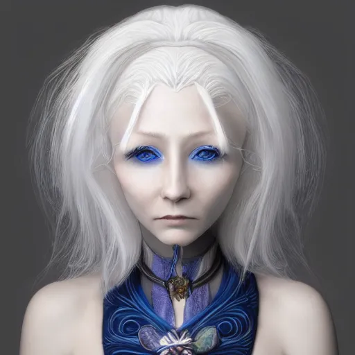 Prompt: a woman with white hair and blue eyes, a character portrait by Brian and Wendy Froud, trending on cg society, fantasy art, zbrush, airbrush art, digital painting