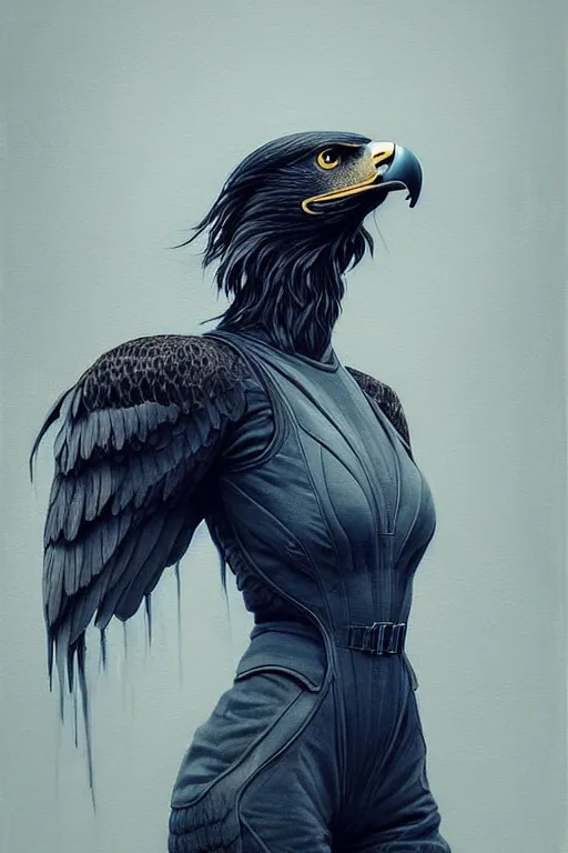 Image similar to epic professional digital art of female anthropomorphic eagle wearing air force jumpsuit, painting, by leesha hannigan, iris van herpen, artstation, cgsociety, wlop, epic, much wow, much detail, gorgeous, detailed, cinematic, masterpiece