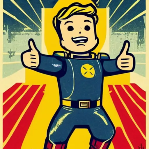 Prompt: Illustrated by Shepard Fairey and H.R. Geiger | fallout 4 vault boy thumbs up, Soviet Propaganda poster