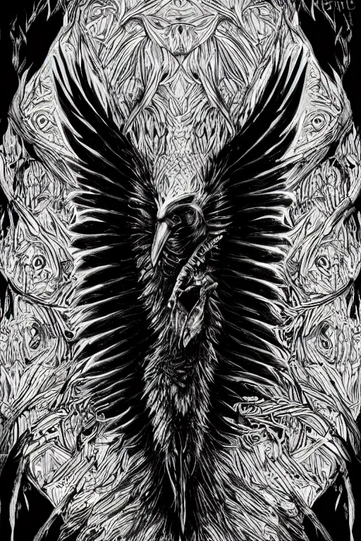 Prompt: raven monster, symmetrical, highly detailed, digital art, sharp focus, trending on art station, kentaro miura manga art style