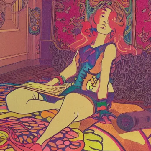 Prompt: rocker goth teen girl laying on the floor, writing on a journal. 1970s colorful psychedelic bedroom. Trippy. Mucha.