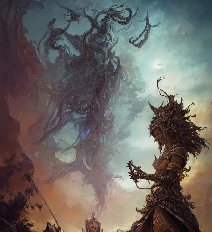 Image similar to full body illustration of a goddess, tarot card, dark souls colour scheme, establishing shot, coherent, high detailed, peter mohrbacher, kerem beyit, Karol Bak, Chris Cold, james gurney, dan mumford, featured on artstation