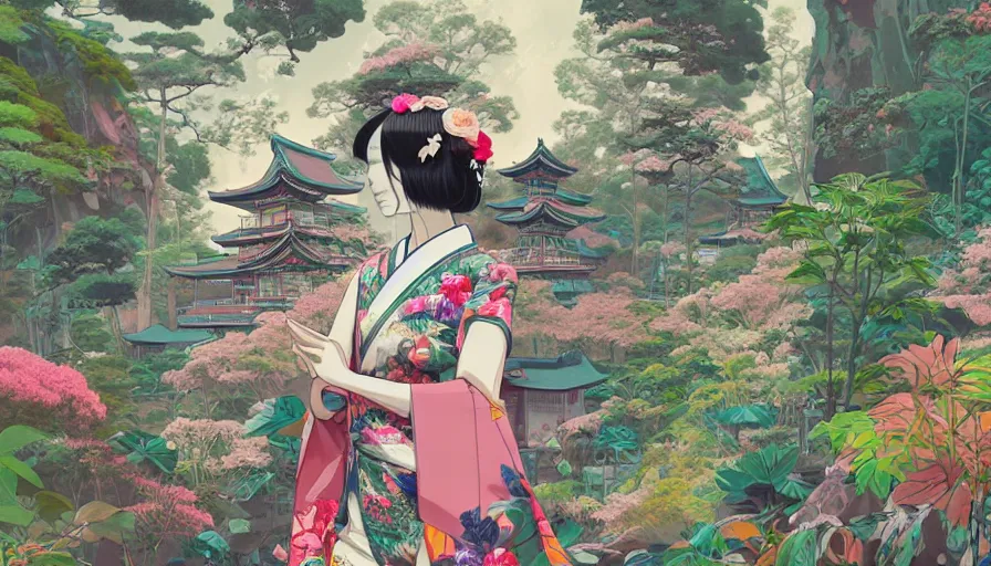 Image similar to a digital painting of a magical japanese temple with a woman wearing gucci exploring, lush plants and flowers, eco - cyberpunk art by james jean, cgsociety, retrofuturism, anime aesthetic, chromatic, iridescent, uhd