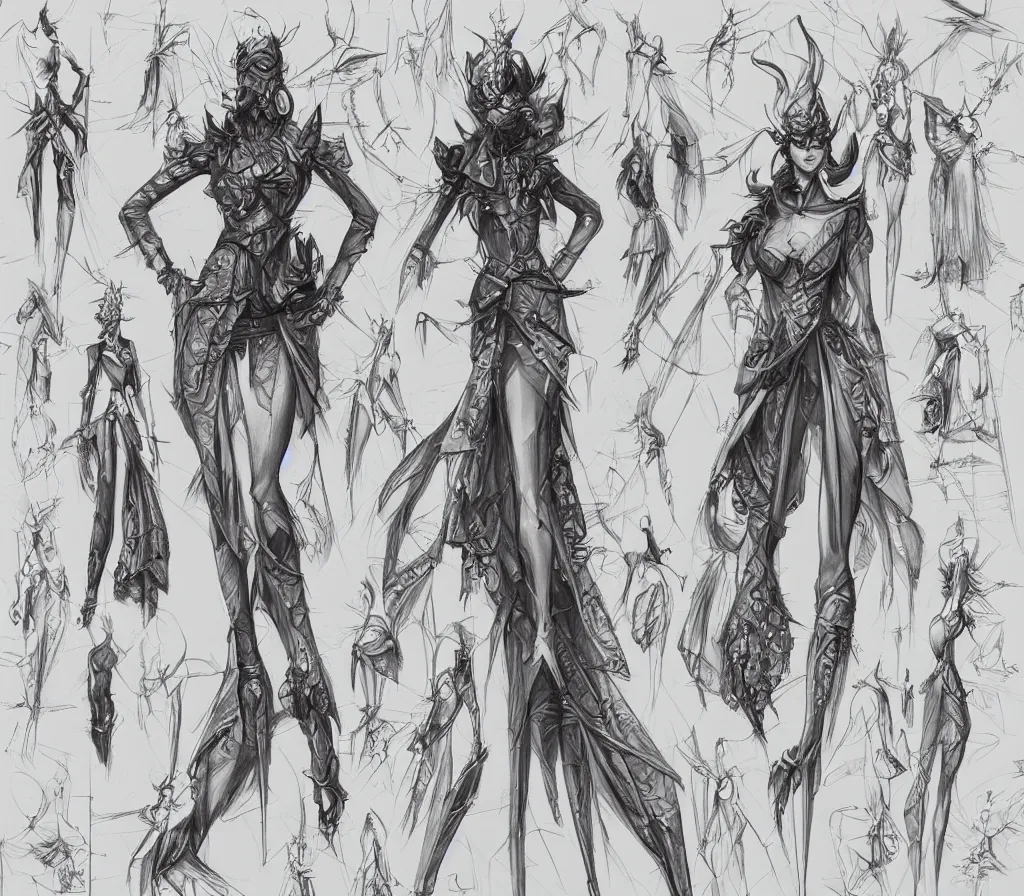 Prompt: many sketches of fashion designs, on a notebook page, pencil, by Peter Mohrbacher technical drawing