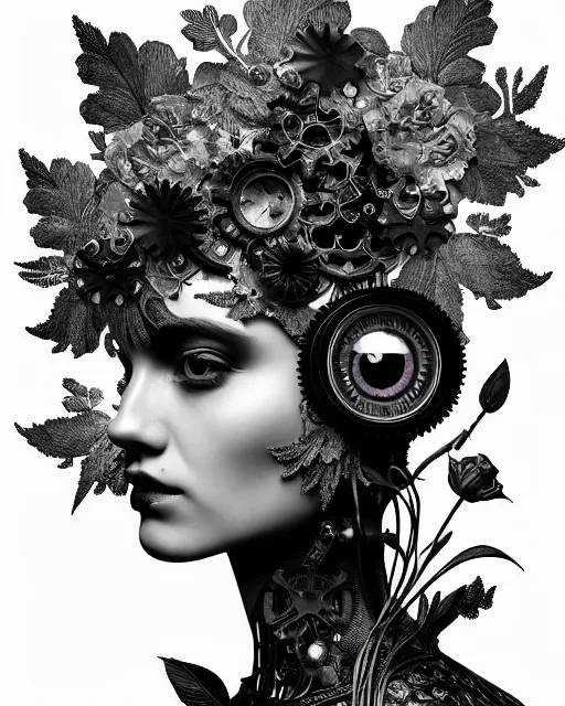 Image similar to monochrome profile portrait painting, dutch masters, silver lace floral steampunk biomechanical beautiful one techno eye young female cyborg, big monocular, volumetric light, leaves foliage and stems, hibiscus flowers, alexander mcqueen, rim light, big gothic fashion pearl embroidered collar, 8 k