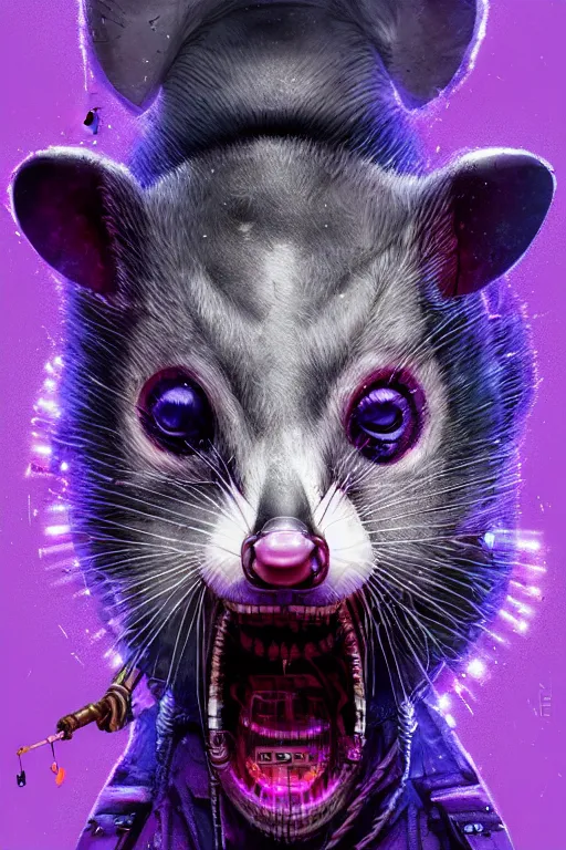 Image similar to a beautiful portrait of a cute cyberpunk opossum screaming by sandra chevrier and greg rutkowski and wlop, purple blue color scheme, high key lighting, volumetric light, digital art, highly detailed, fine detail, intricate, ornate, complex, octane render, unreal engine, photorealistic