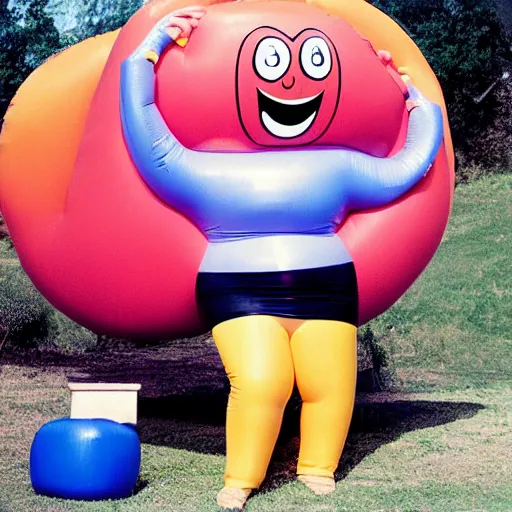 Prompt: 1976 glamorous thicc woman wearing an inflatable smiley head, wearing a dress, in a small village full of inflatable animals, 1976 French film archival footage technicolor film expired film 16mm Fellini new wave John Waters Russ Meyer movie still