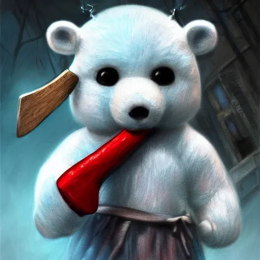 Image similar to cute porcelain doll ice bear with axe in san fransisco, mark ryden style, vivid colors, high details, cinematic, 8 k resolution, beautiful detailed, photorealistic, digital painting, dark atmosphere, artstation, concept art, smooth, sharp focus, illustration, fantasy background, artstation trending, octane render, unreal engine