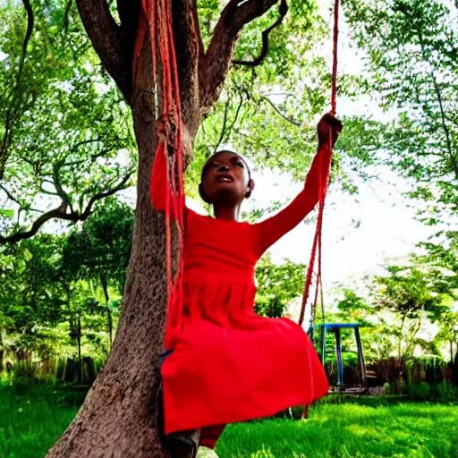 Prompt: girl in red dress swinging on a Madagascar tree swing midday.